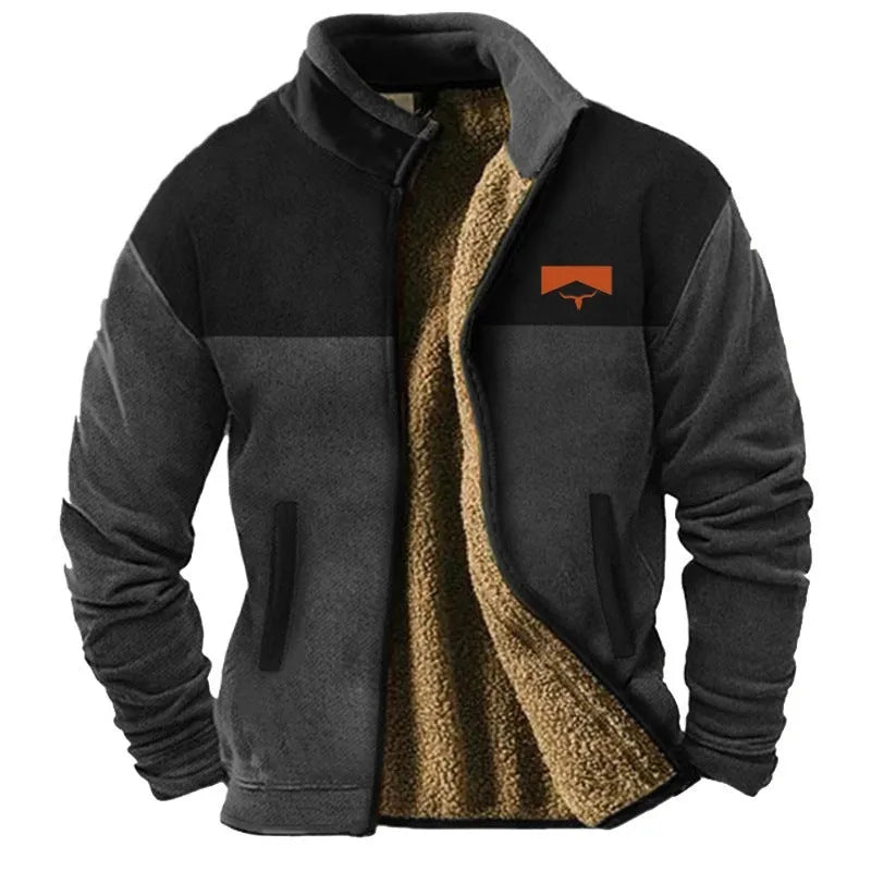 Men's polyester padded coat in regular length on a hanger, available in blue, green and light brown.