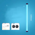 Blue and purple rechargeable LED tube light with USB cable on a dark background.