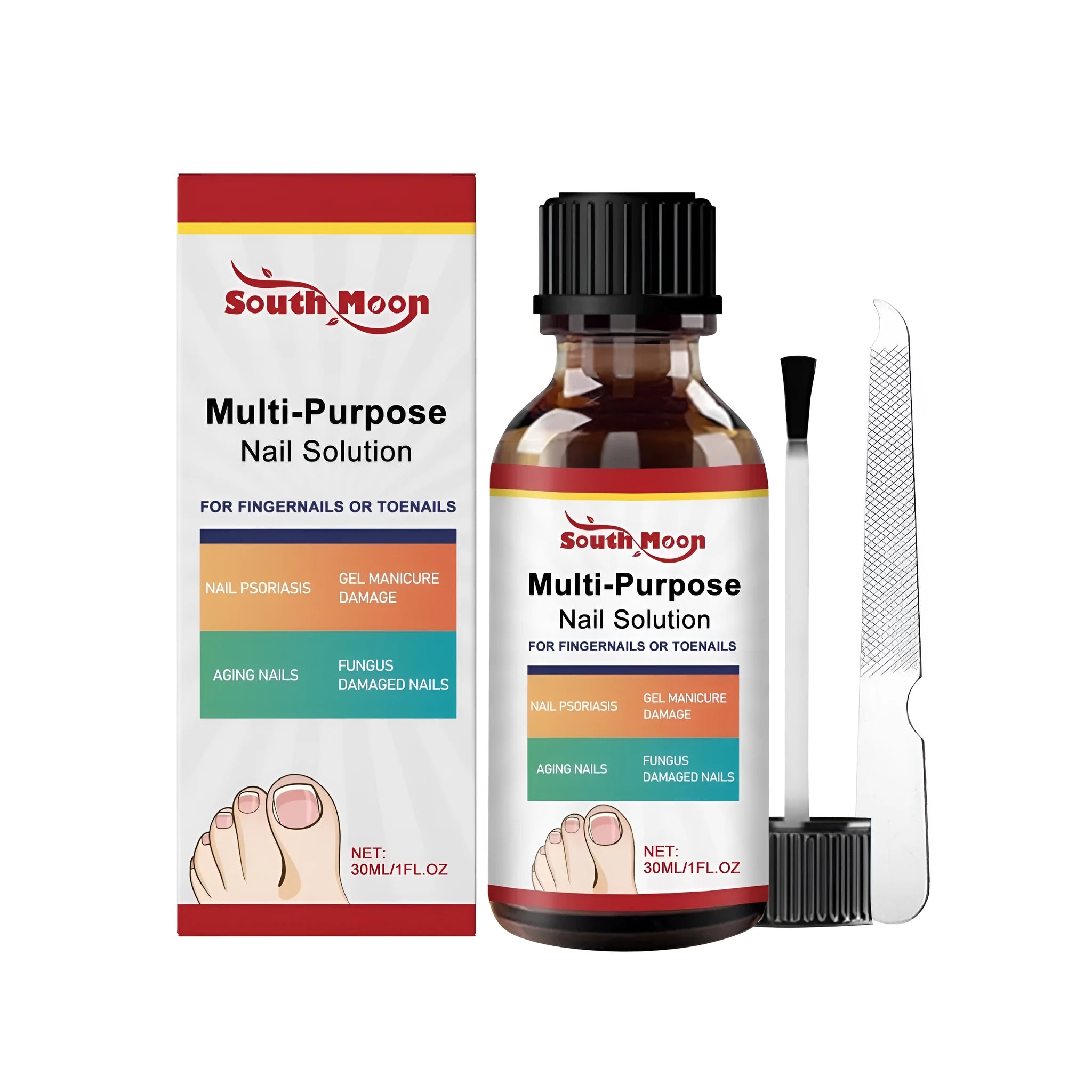 30ml bottle of nail care solution with tea tree oil and white willow bark formula alongside manicure nail file