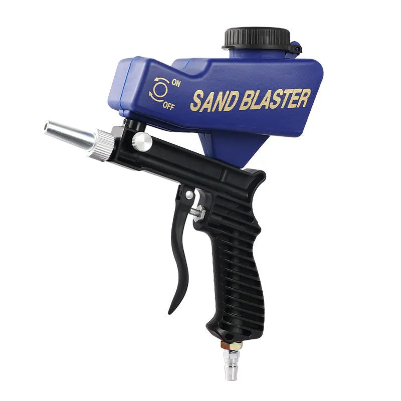 Portable black or blue pneumatic sandblasting gun with upper pot tank for on-site surface preparation.