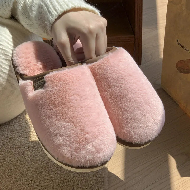 Solid colour winter plush house slippers with non-slip PVC sole in blue, brown, coffee, pink, or white
