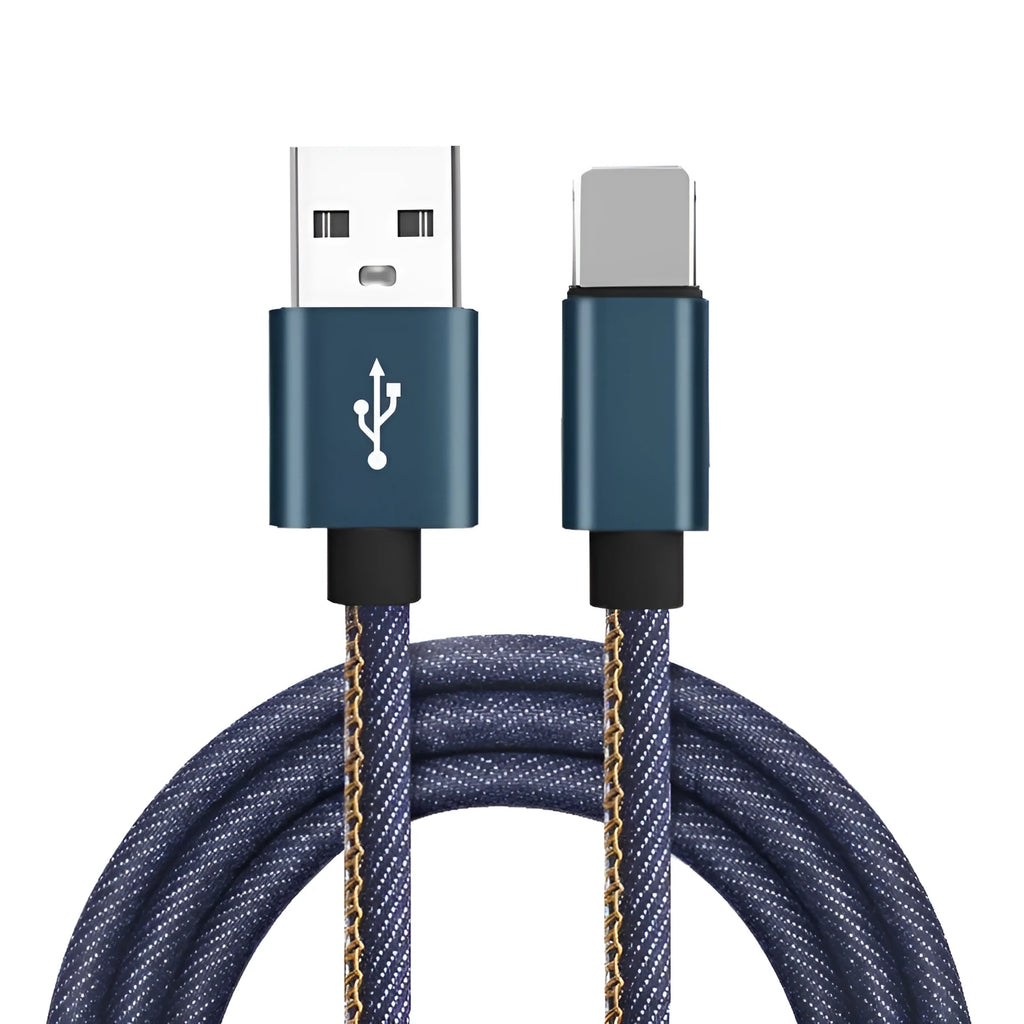 Denim braided USB Type-C cable with aluminium connectors in black, blue, or red, showing length options.