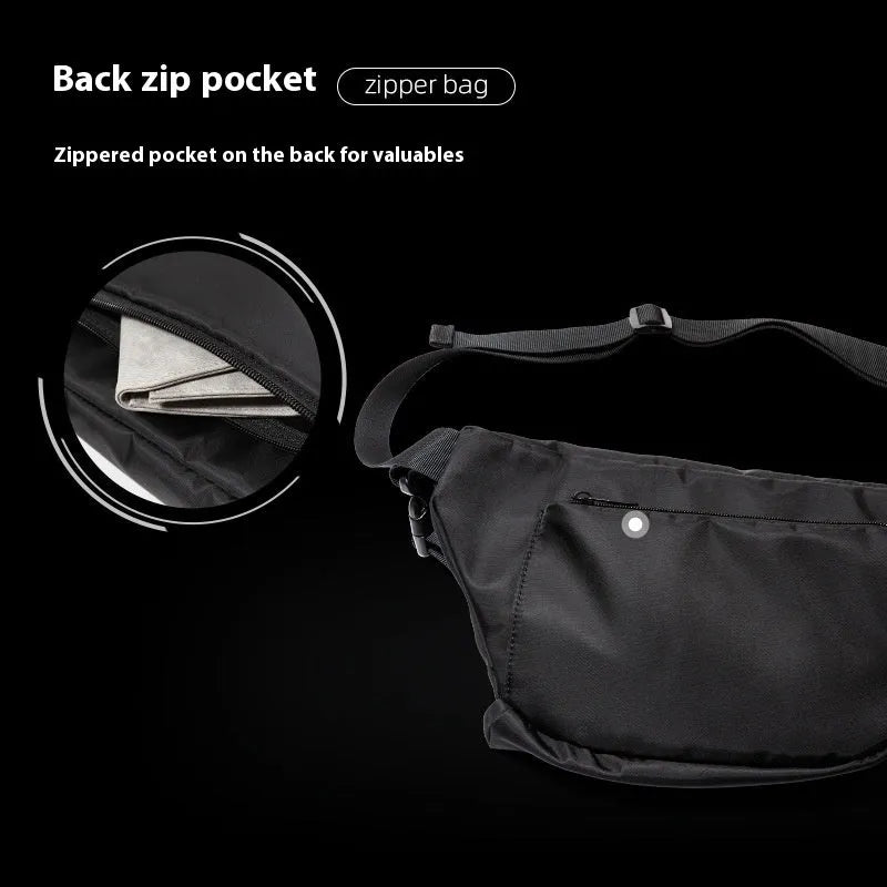 Black men's slanted chest bag made from Oxford fabric with 8-inch capacity and sewing line details