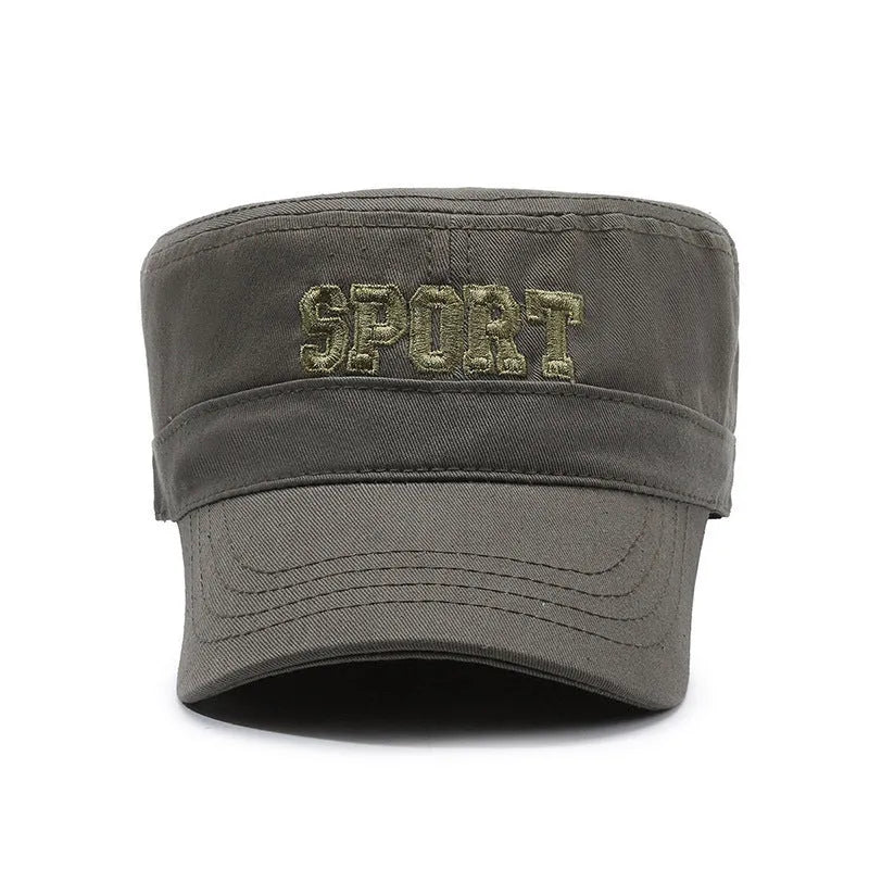 Men's adjustable cotton flat-top peaked cap in multiple colours showing dome crown and peak design