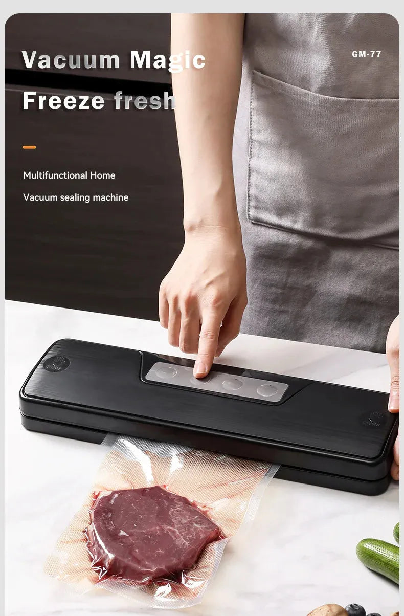 Black automatic vacuum sealer machine for household food preservation and storage bag sealing