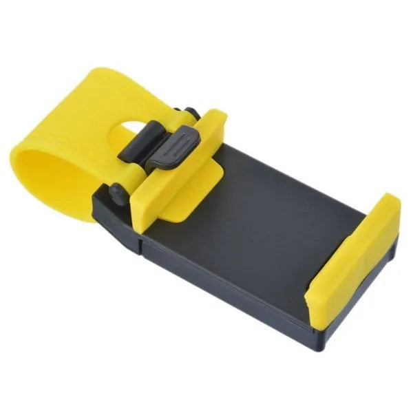Black steering wheel phone holder clip mounted on car steering wheel holding a smartphone