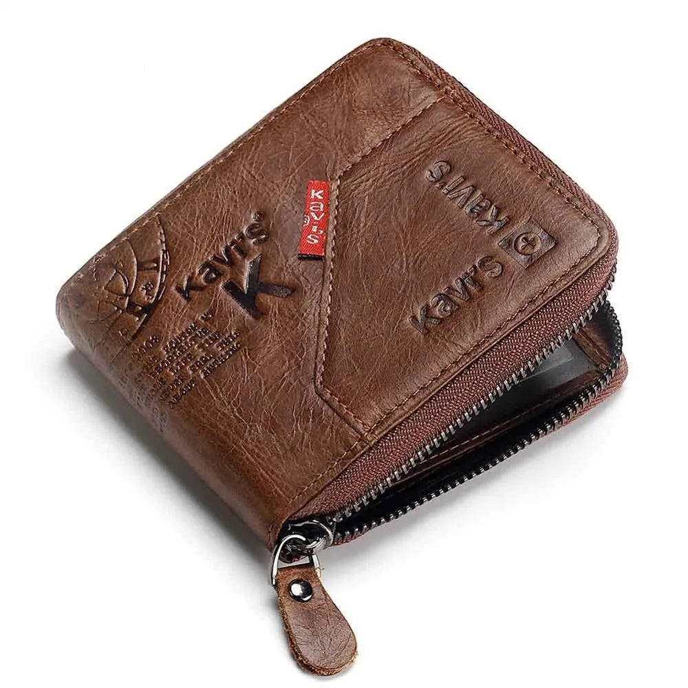 Men's brown soft leather vintage wallet with zipper and multiple internal compartments open.