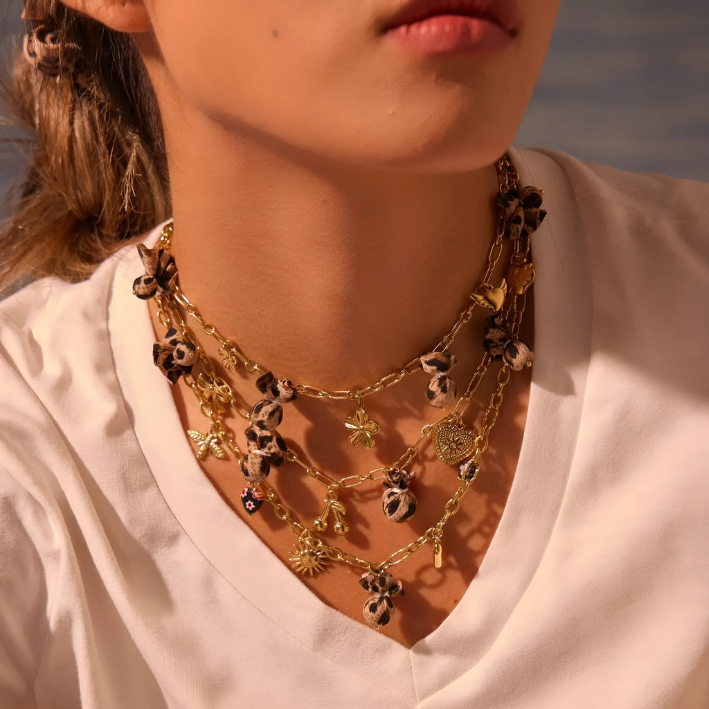 Stainless steel necklace with leopard, heart and flower pendant on adjustable 41-50cm chain