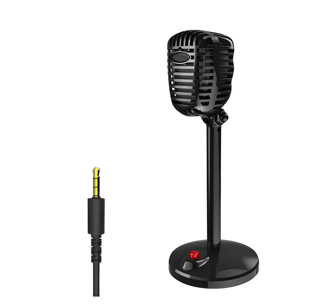 Black USB desktop microphone on a weighted stand with a pop filter and long cable.