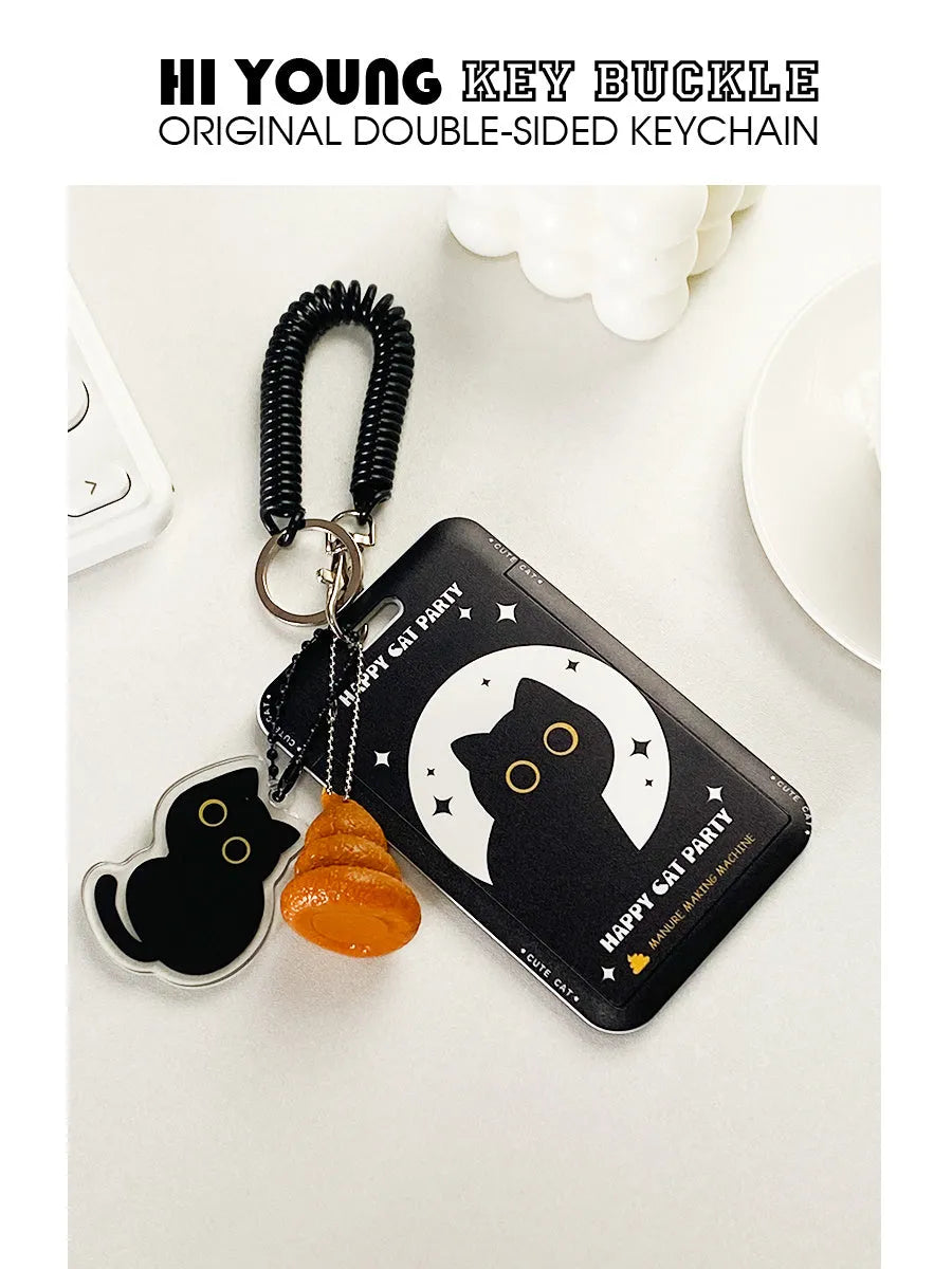 Cartoon little black cat design plastic card holder with ferrule pendant for student ID and transport cards.
