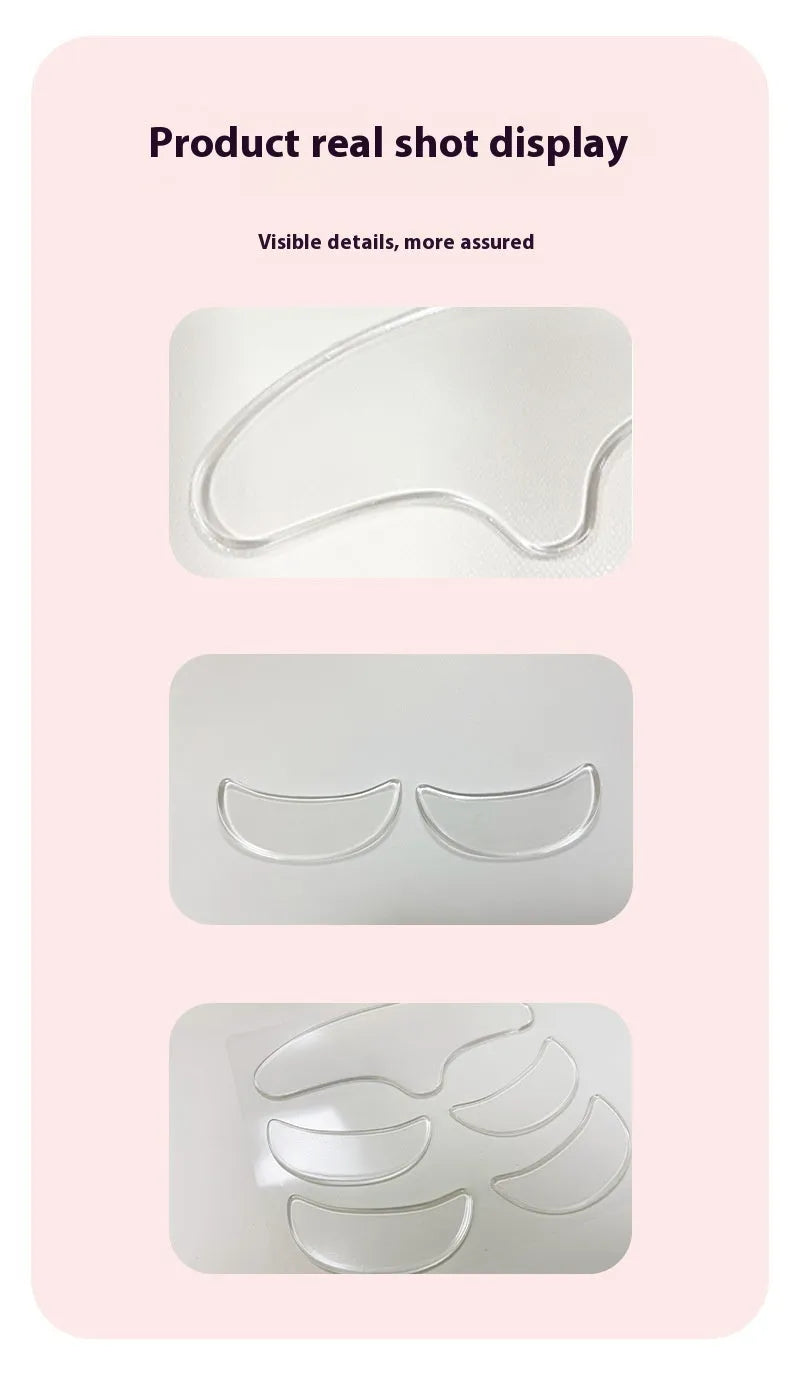 Five clear silicone anti-wrinkle face patches for forehead and eye area on white background