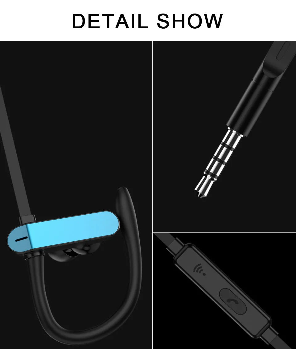 Black and blue sport ear hooks attached to PTM TS27 earphones with microphone.