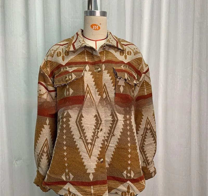 Women's loose fit retro jacket with Aztec pattern in Army Green, woolen fabric with long sleeves
