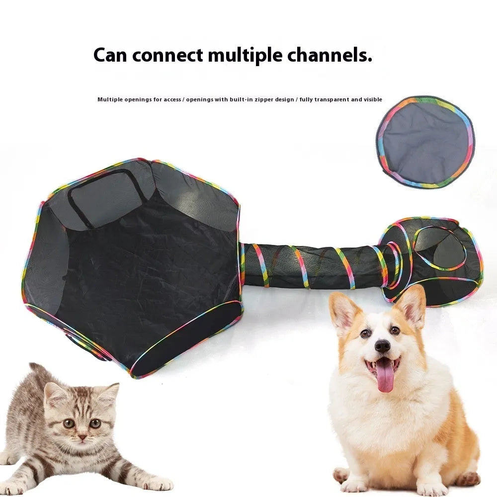 Foldable mesh cat play cage showing hexagonal, square, tee, tent and long straight panel configurations