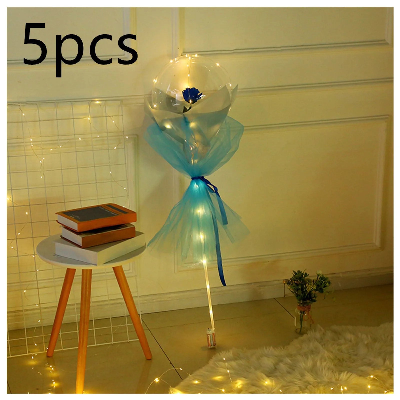 Transparent LED luminous balloon bouquet with artificial rose and glowing light inside, displayed as a DIY kit.