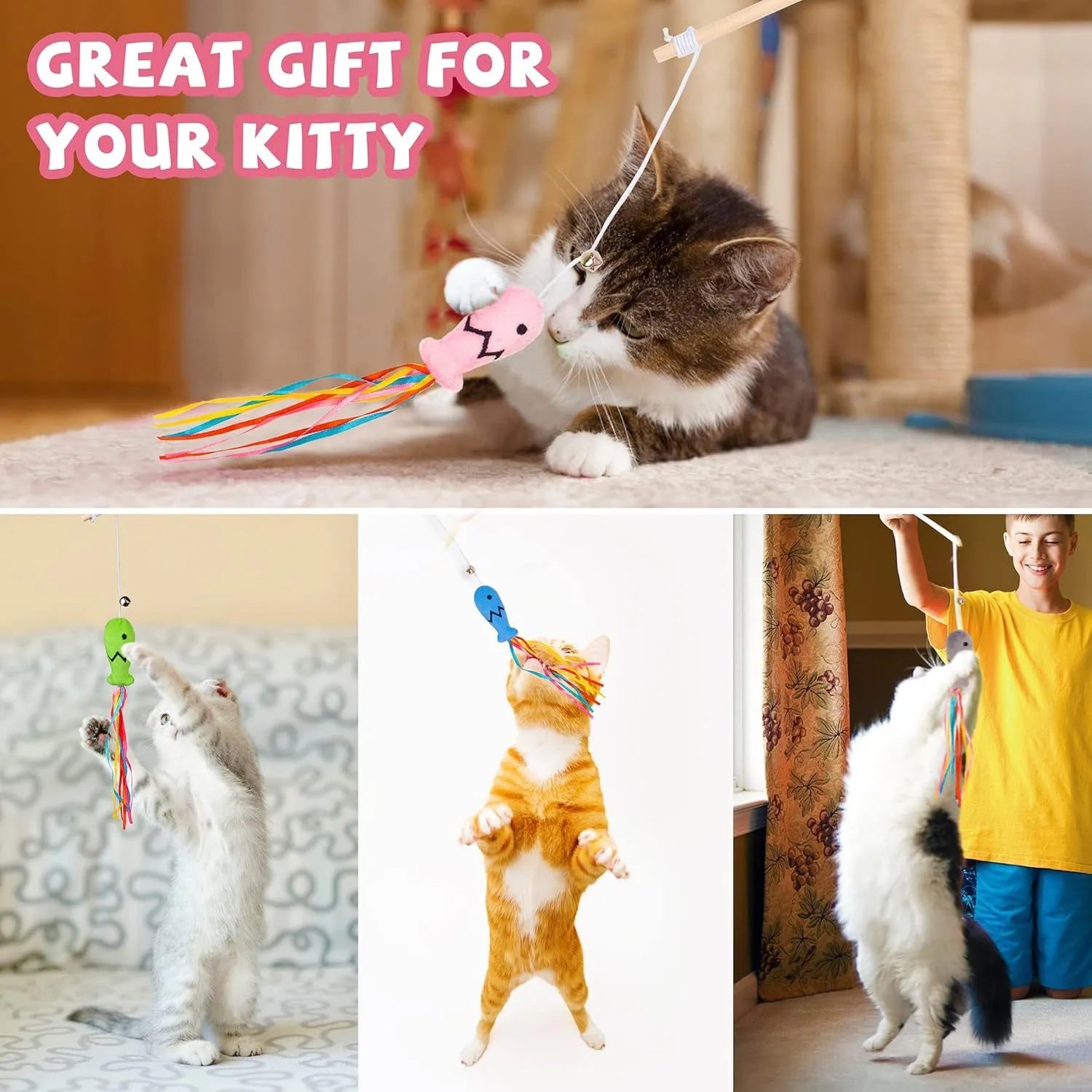 Cat wand toy with colourful ribbons, catnip fish and bell on wooden handle