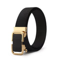 Men's nylon canvas belt with a silver toothless alloy buckle on a grey strap.