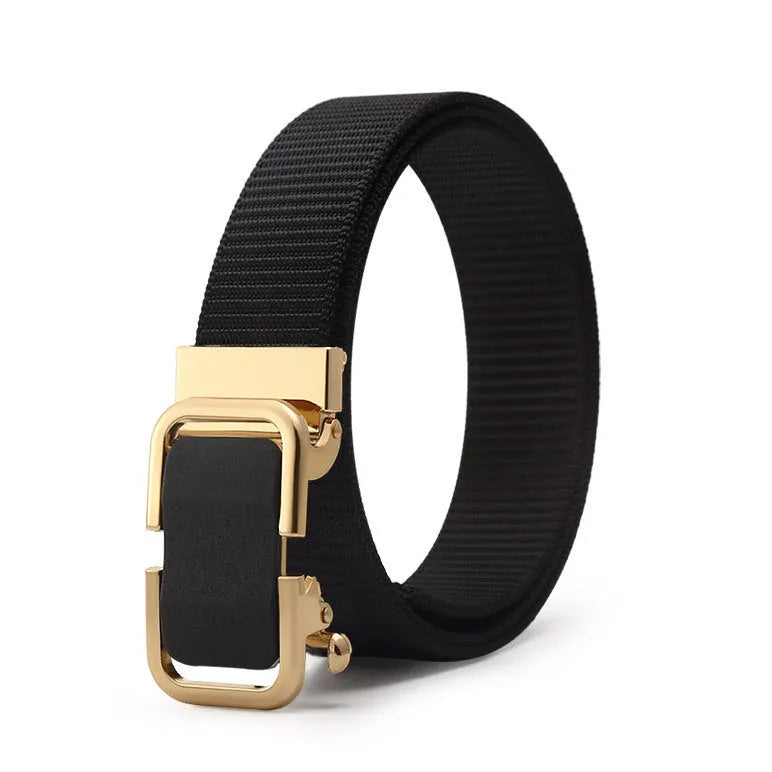 Men's nylon canvas belt with a silver toothless alloy buckle on a grey strap.