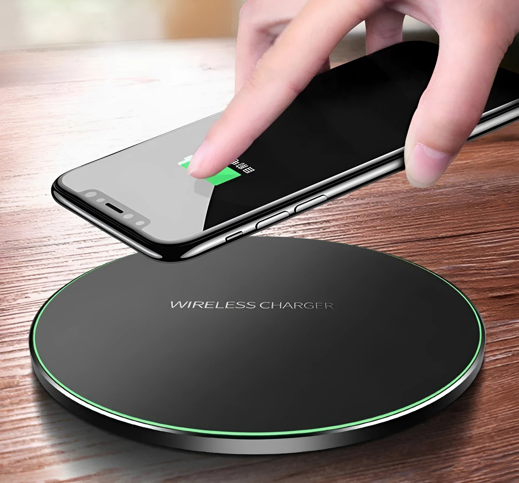 Black ultra-thin wireless charging pad measuring 98mm square with 9V fast charging capability