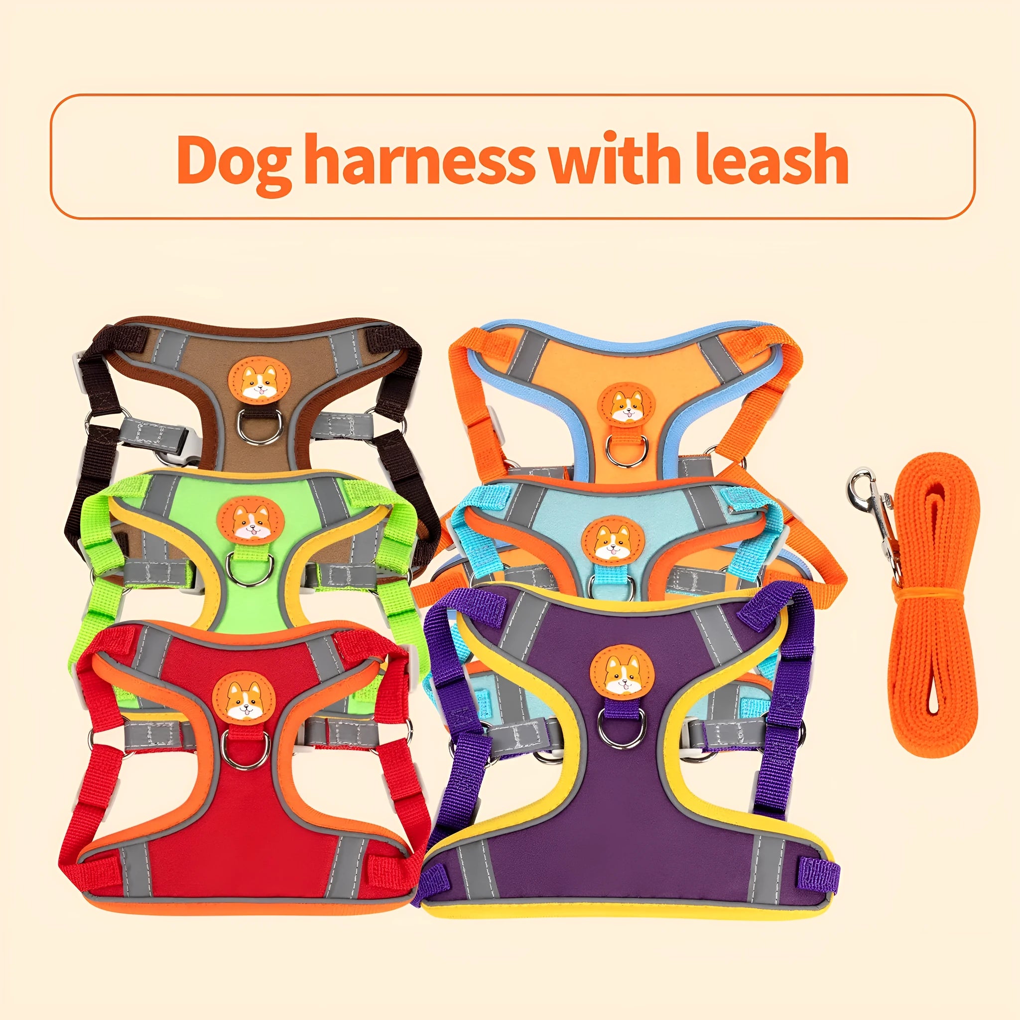 Adjustable rope dog harness and chest strap in multiple colours on a white background.