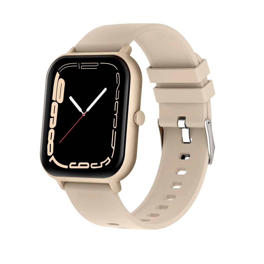 One-Click Link AI Voice Heart Rate Smart Watch in black, silver, pink, and khaki on wrist.