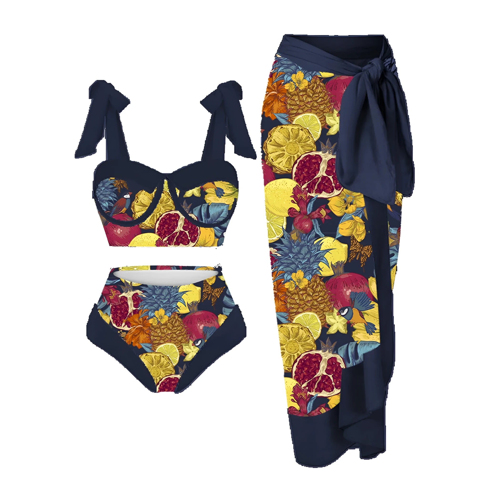 Women's pink printing split swimsuit three-piece set with skirt, bra, and panties.