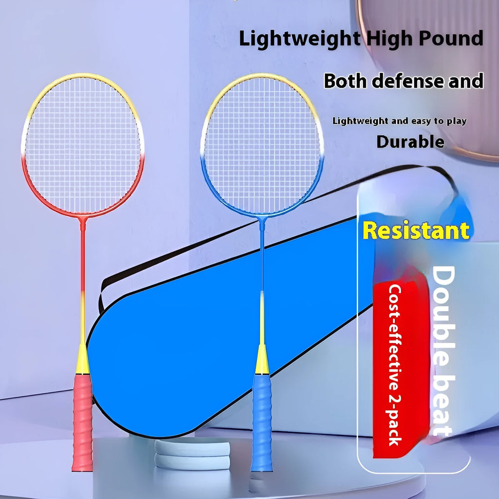 Pair of blue ultra-light alloy badminton rackets full set for two players