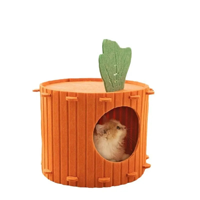 Carrot-shaped felt cat tunnel nest in semi-enclosed design showing M and L size options