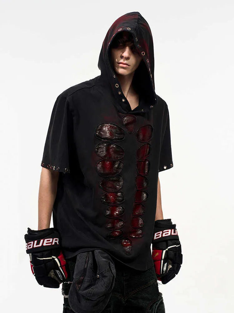 Black men's hooded T-shirt with sequin detailing on loose fit short sleeve design