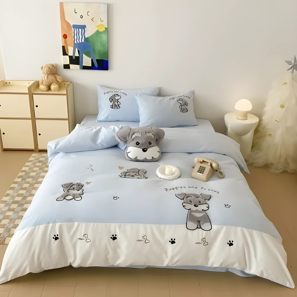 Cute Schnauzer dog cartoon design thickened cotton bedding set with quilt cover, sheet, and pillowcases