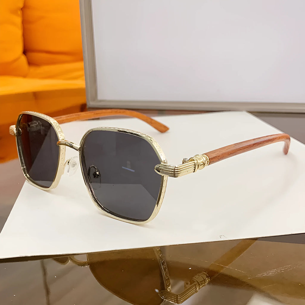 Women's frameless glasses with gold alloy wood grain frame and coloured lenses