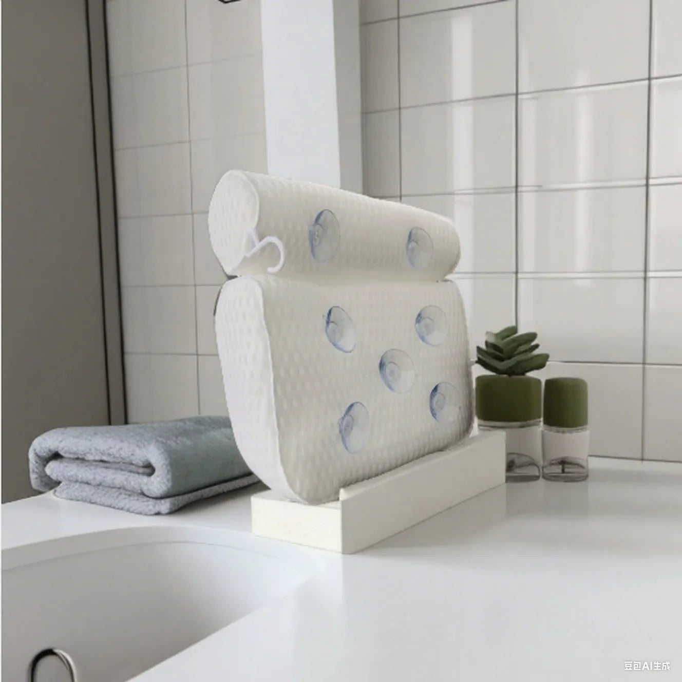 White 4D mesh bathtub pillow with suction cups, shown on bathtub edge.