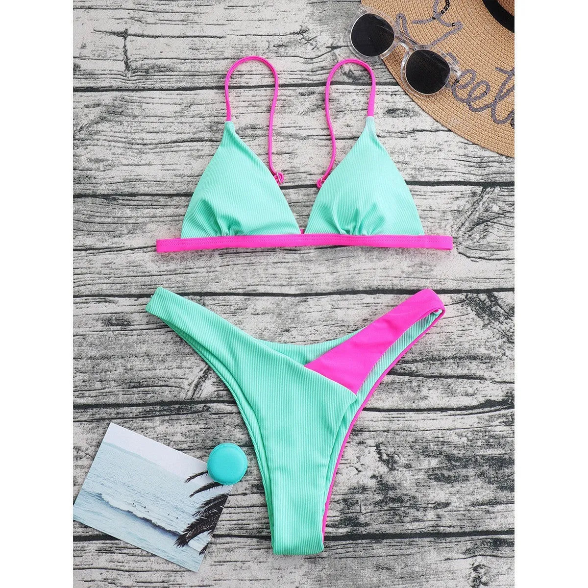 Women's nylon swimsuit briefs set with matching bra in European and American style
