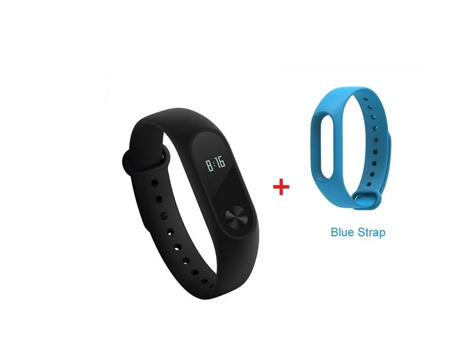 Black Xiaomi Mi Band 2 fitness tracker with OLED screen on a wrist.