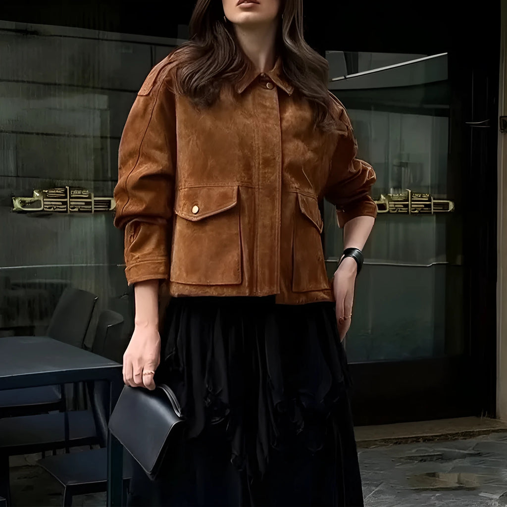 Women's brown suede coat with regular sleeves in street-chic style, showing polyester construction