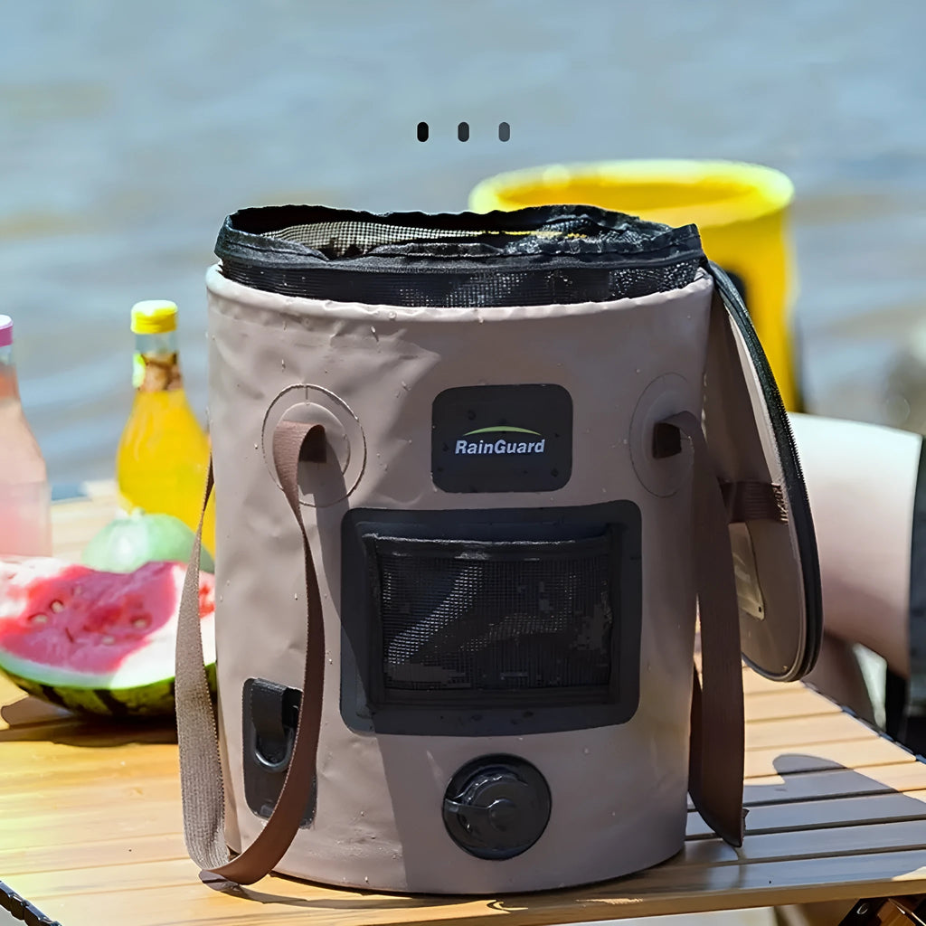 Yellow folding plastic fishing bucket shown open and collapsed, 25 litre capacity.