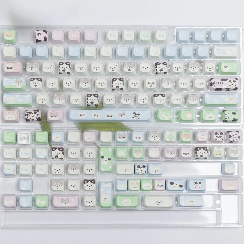 PBT sublimation keycap set with colourful cartoon puppy and cat designs for mechanical keyboards