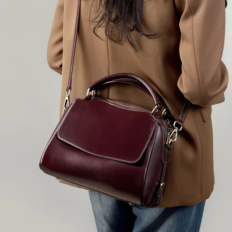 Women's genuine leather crossbody tote bag in cross square design with multiple compartments