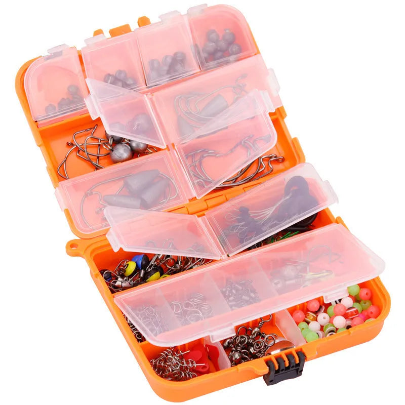 Weihe 257-piece fishing lure accessory set in orange box with organised compartments for Texas rig, sea and rock fishing