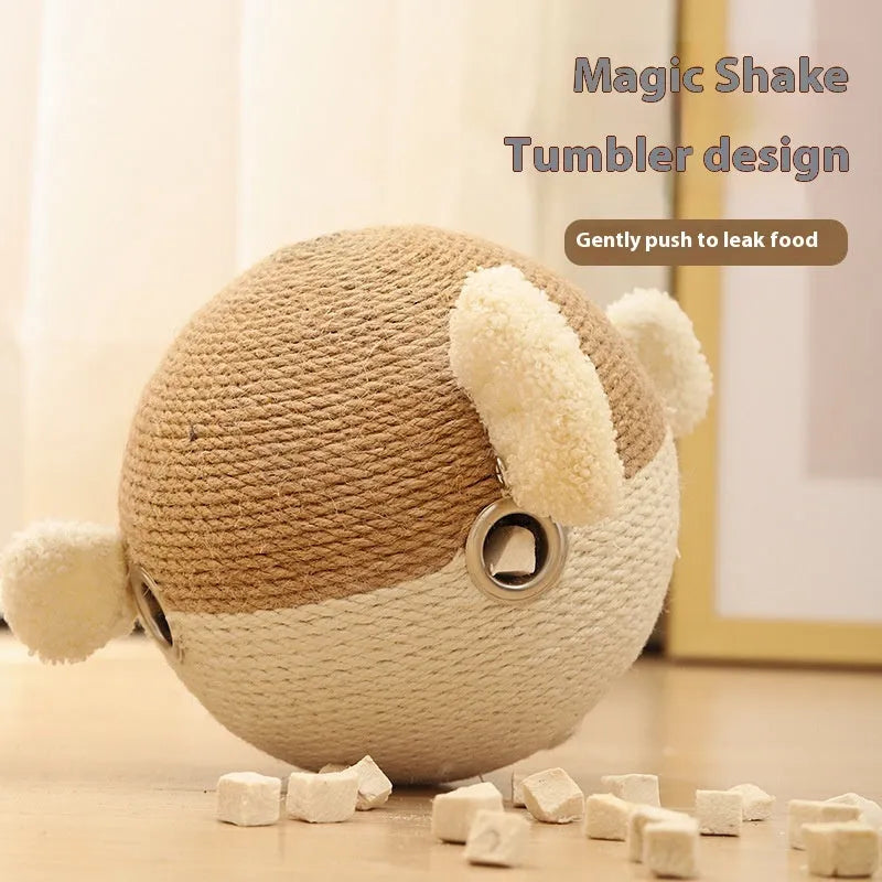 Puffer fish shaped pet puzzle feeder toy made from woven sisal hemp strips with 15cm cube dimensions
