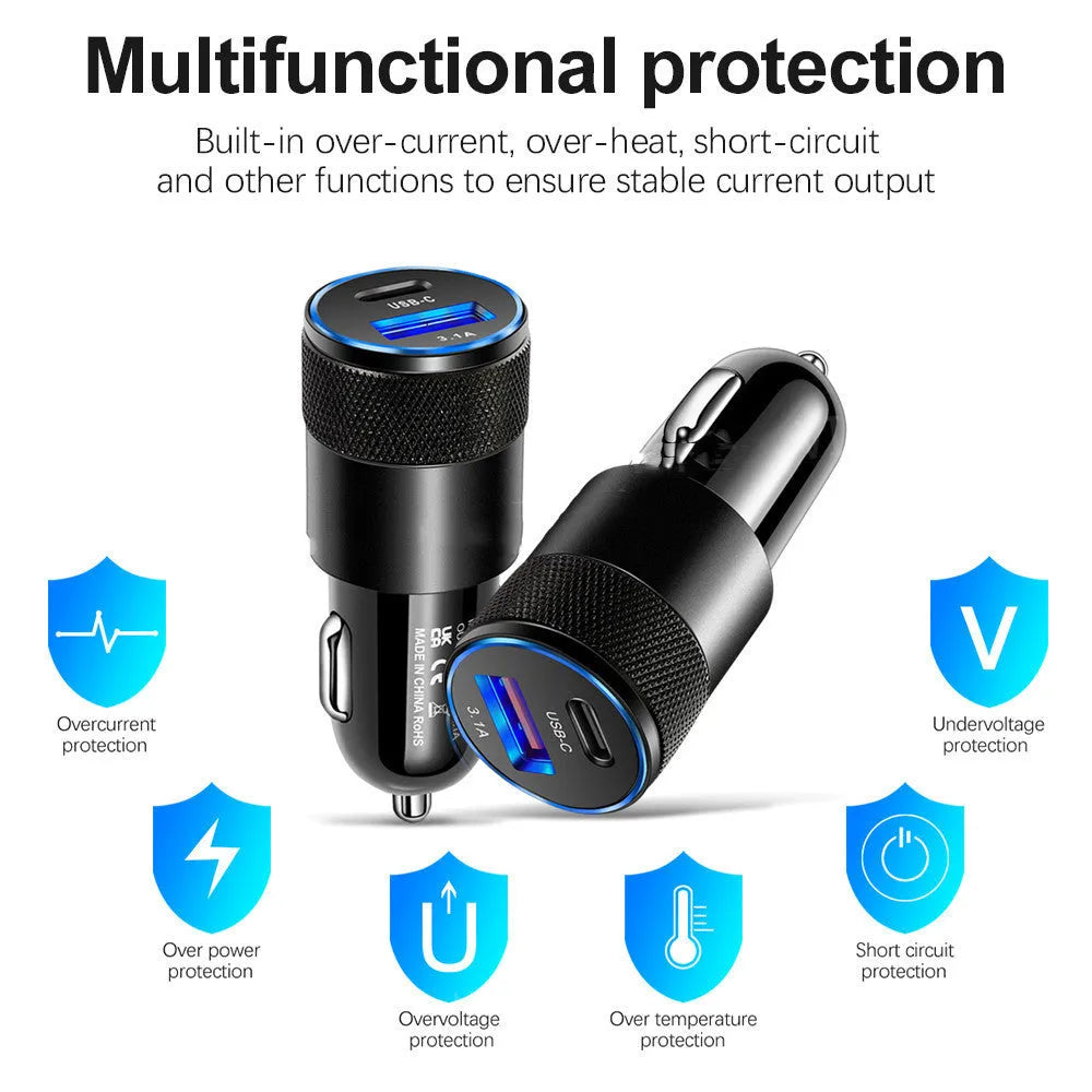 Aluminium alloy mobile phone car charger showing black finish with 12V input