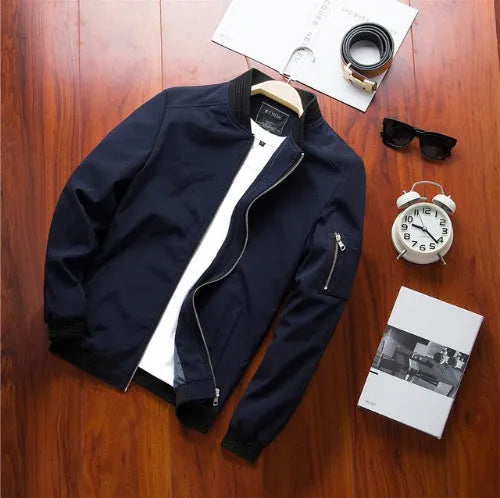 Men's slim fit casual baseball style jacket with front zipper and side pockets