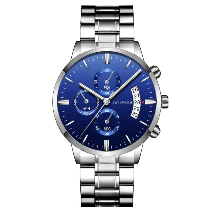 Men's stainless steel quartz watch with 43mm dial and 30 metre waterproof rating