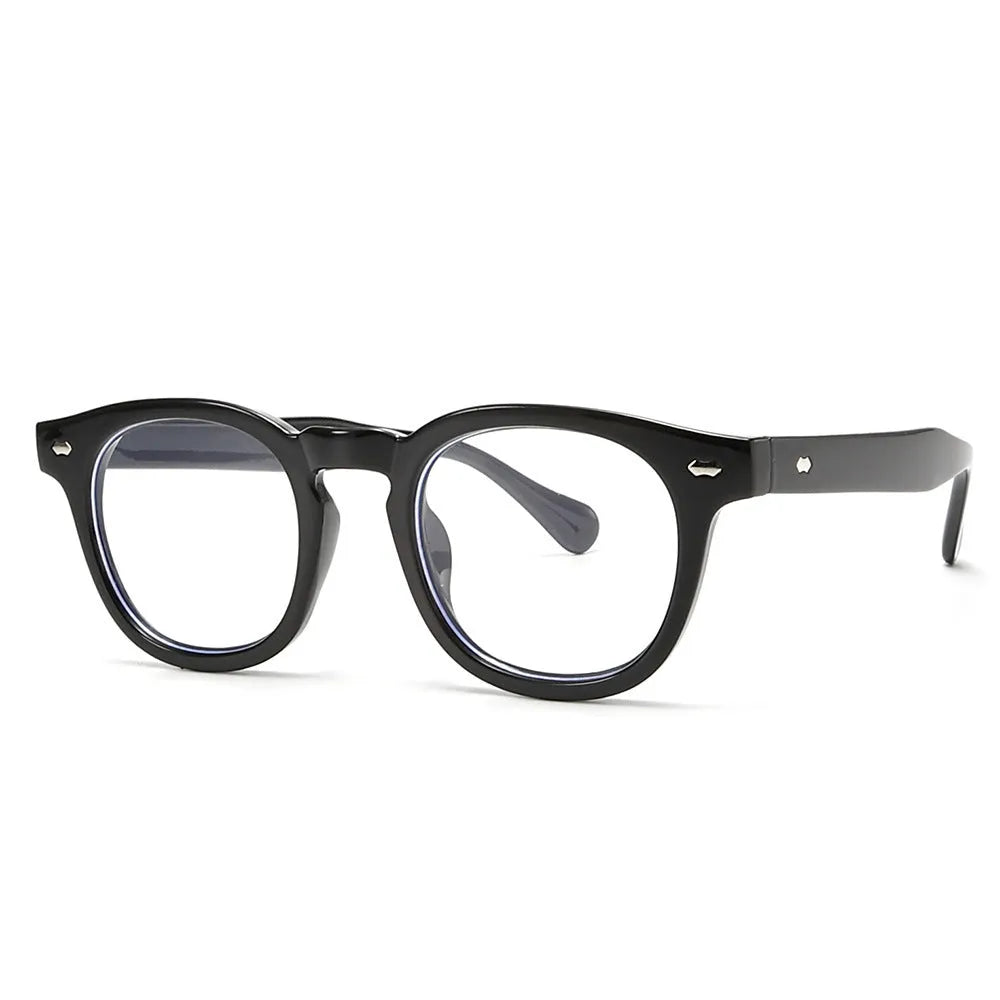 Round rim plastic sunglasses in bright black frame with black and grey lenses