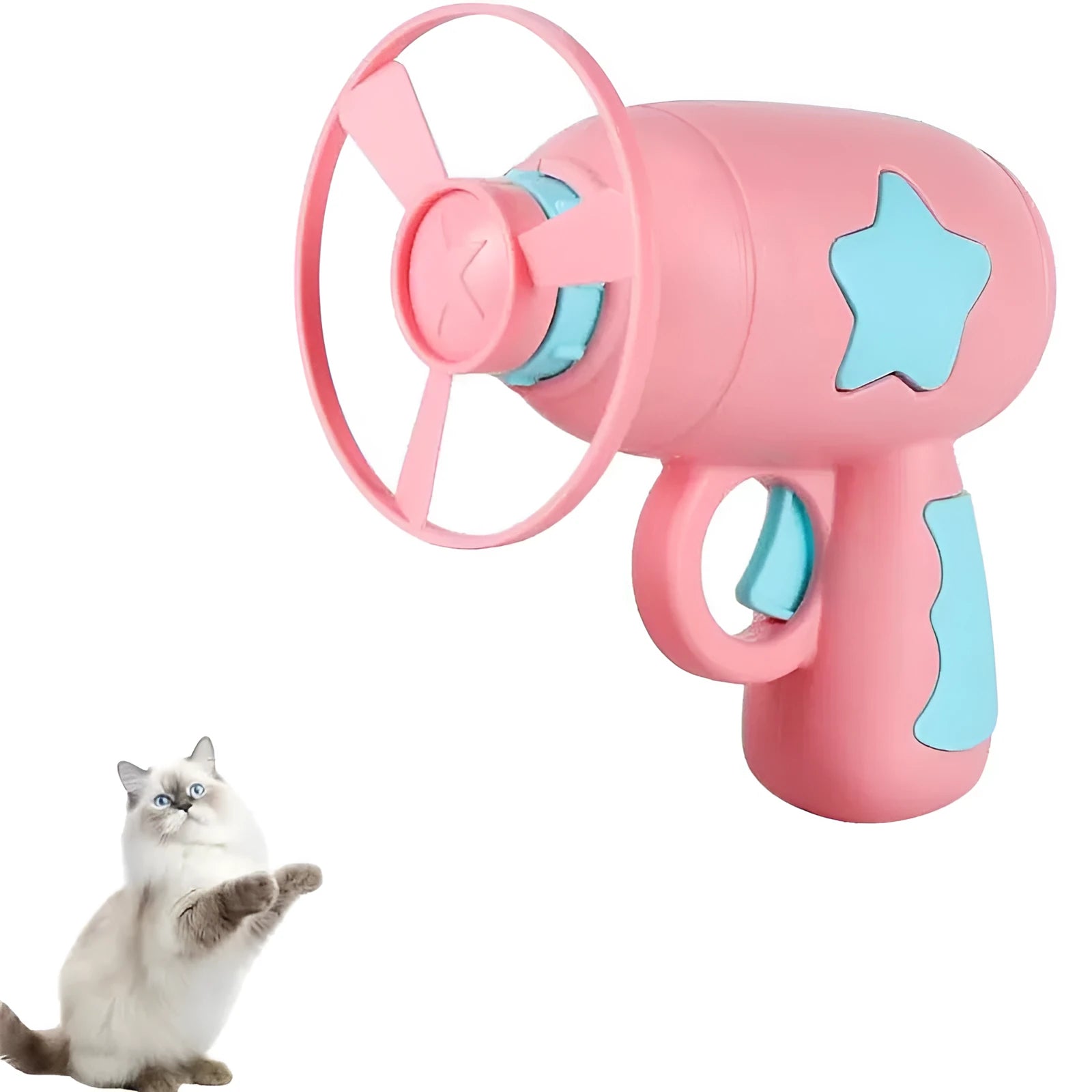Blue interactive cat toy gun with plastic frisbee measuring 11cm tall for indoor feline play