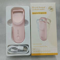 Plastic electric heating eyelash curler with USB cable in cream white, pink, or apricot.