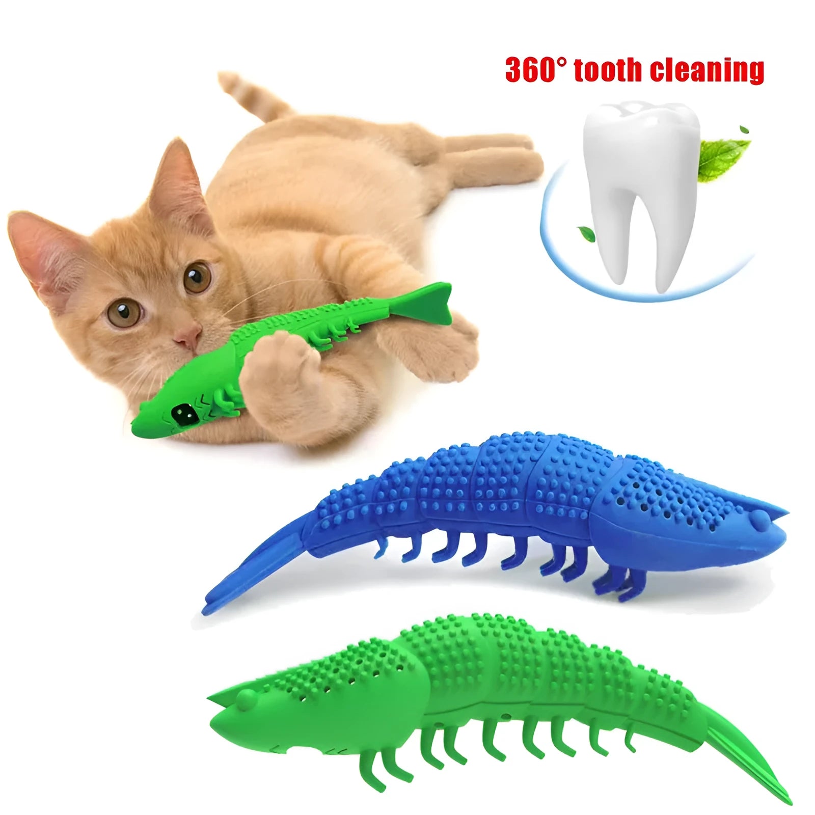 Blue cat tooth cleaning toy with 360-degree design and hard rubber construction