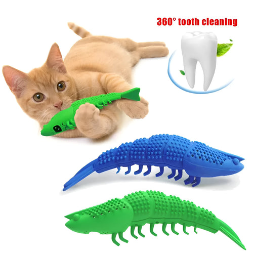 Blue cat tooth cleaning toy with 360-degree design and hard rubber construction
