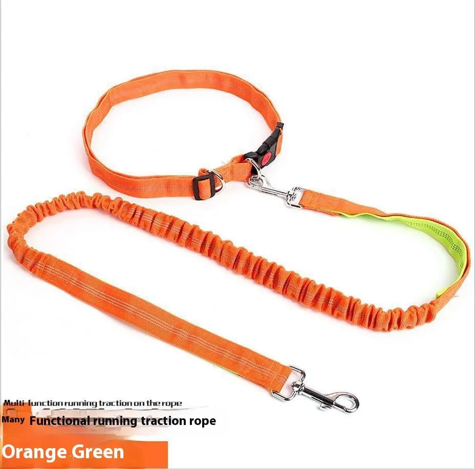 Grey and green reflective dog leash with elastic section shown on a table.