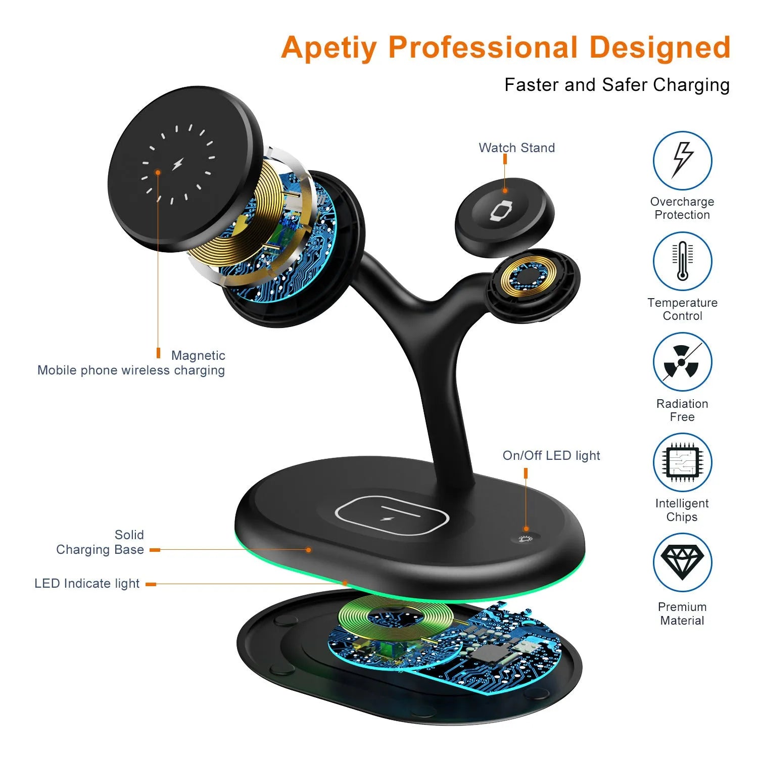 Black magnetic wireless charger with minimalist design showing three-in-one charging functionality
